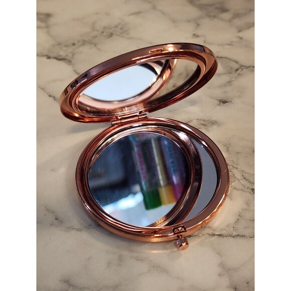 Rose Gold Tone Compact Mirror With Rhinestones - Picture 3 of 4